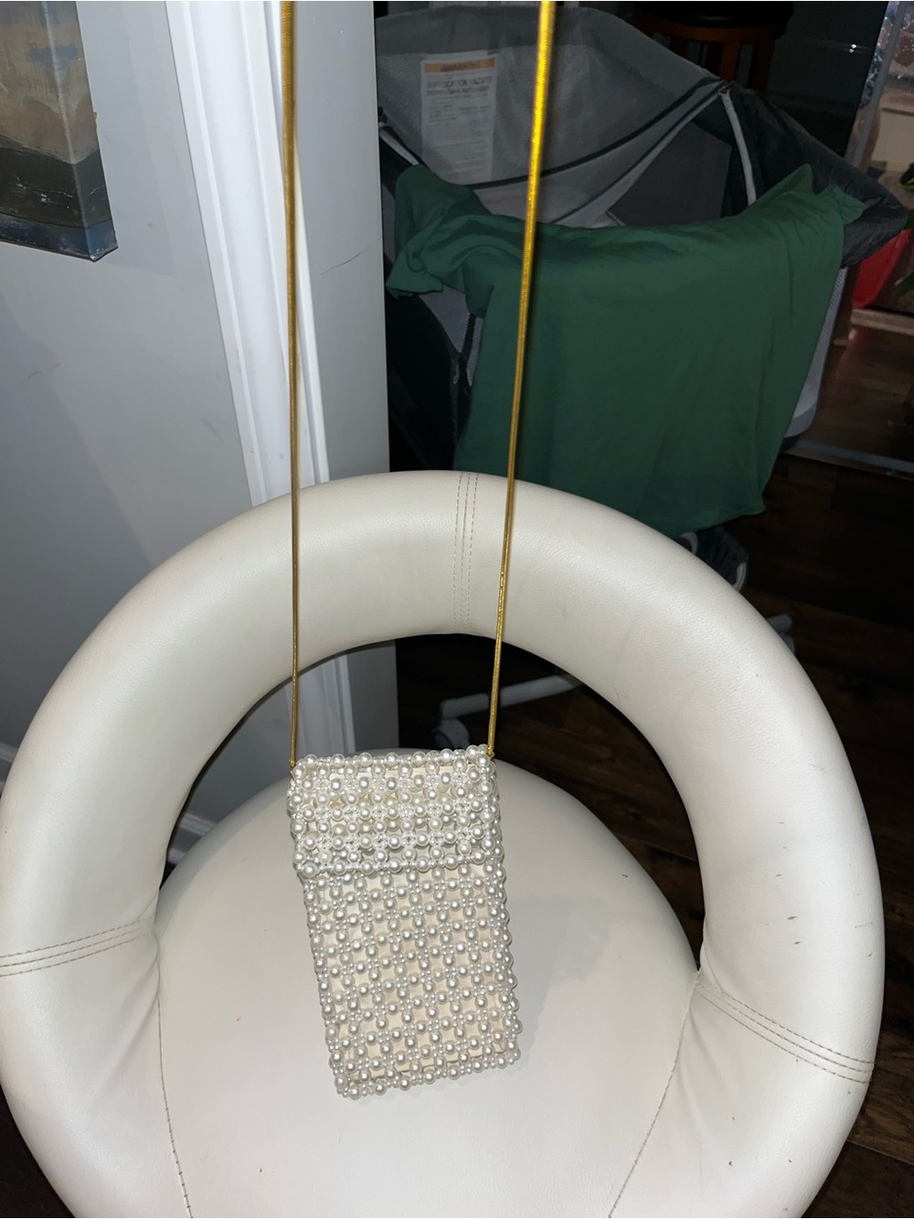 soeur Ivory Pearl Beaded Crossbody Phone Pouch with Gold Strap